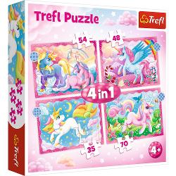 Puzzle 4 in 1 cu 35-70 de piese, Trefl - Unicorni Si Magie 34389